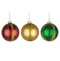Shatchi Christmas Baubles 12Pcs Set - 8Cm Red, Gold & Green Glass Ornaments With 3 Assorted Designs - thumbnail 5