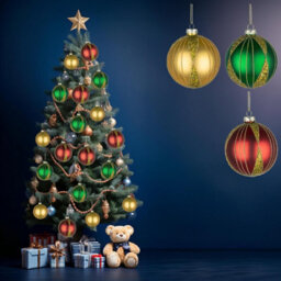 Shatchi Christmas Baubles 12Pcs Set - 8Cm Red, Gold & Green Glass Ornaments With 3 Assorted Designs - thumbnail 4