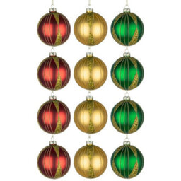 Shatchi Christmas Baubles 12Pcs Set - 8Cm Red, Gold & Green Glass Ornaments With 3 Assorted Designs - thumbnail 1