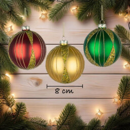 Shatchi Christmas Baubles 12Pcs Set - 8Cm Red, Gold & Green Glass Ornaments With 3 Assorted Designs - thumbnail 2