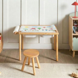 Wyld And Coco Montessori Kids Table And Stool Set, Light Brown Pine With Paper Roll And Chalkboard, Compact Scandiwood Design - thumbnail 2
