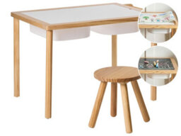 Wyld And Coco Montessori Kids Table And Stool Set, Light Brown Pine With Paper Roll And Chalkboard, Compact Scandiwood Design - thumbnail 3