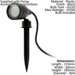 Ip44 Waterproof Outdoor Ground Spike Light With Gu10 Bulb - Black Plastic Design - thumbnail 2