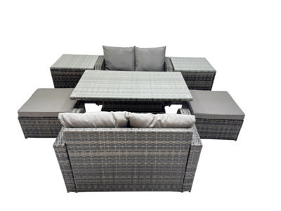 Fimous 6-Seater Patio Height Adjustable Rising Lifting Table Sofa Sets Rattan Garden Furniture Set With 2 Big Stools 2 Side Tables - image 1