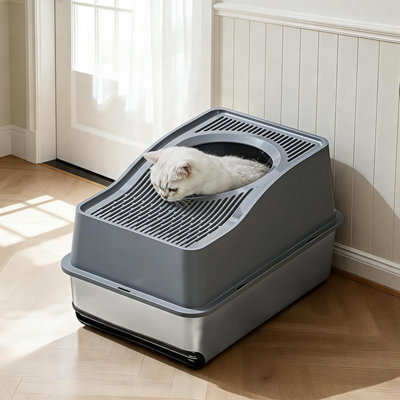 London Boutique 60X40X35Cm Stainless Steel Cat Litter Tray, High Sided Cat Litter Box, Anti Leak Pet Toilet, Grey - image 1
