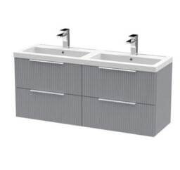 Hudson Reed Fluted Wall Hung 4-Drawer Vanity And Double Polymarble Basin, Stylish Sink Vanity Unit, Satin Grey, 1200mm - thumbnail 1