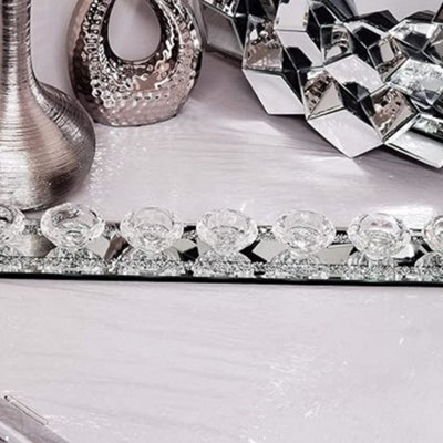 Biznest H 4.50 X W 56 X D 8 Cm Sparkly Crushed Crystal Mirrored Glass Diamond 7 Seven Tealight Candle Holder