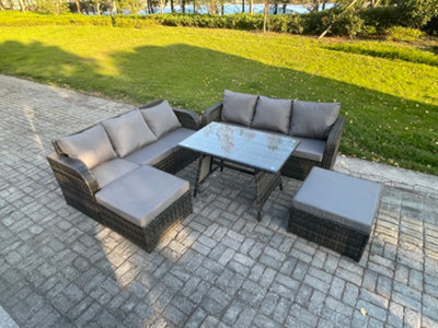 Fimous Garden Furniture Sofa Set Rectangular Dining Table 2 Big Footstool Indoor Outdoor 8 Seater Rattan Set Dark Grey Mixed - image 1
