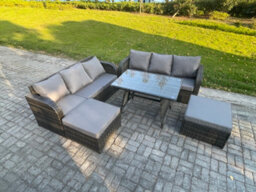 Fimous Garden Furniture Sofa Set Rectangular Dining Table 2 Big Footstool Indoor Outdoor 8 Seater Rattan Set Dark Grey Mixed - thumbnail 2