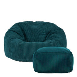 icon Kingston Cord Adults Bean Bag Chair And Pouffe, Ready Filled Beanbag And Footstool Teal