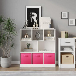 Urbn-Living Urbnliving Asymmetrical 8 Cube White Bookcase Storage Unit With 3 Fabric Drawer Inserts- Dark Pink - thumbnail 2