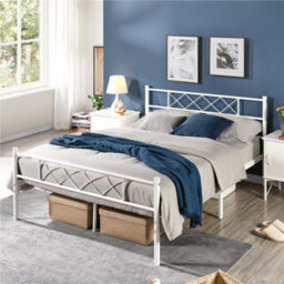 Yaheetech White 4Ft6 Double Metal Bed Frame With Cross-Design Headboard & Footboard - thumbnail 1