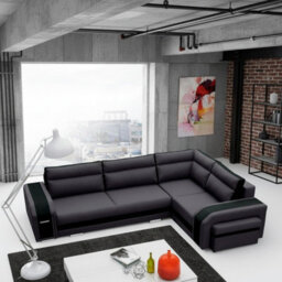 Assan Sectional Sofa With Ottoman Sleeping Function Dl Mechanism 2 Storage Bar Loose Cushions Dark Grey And Black Right Side - thumbnail 1
