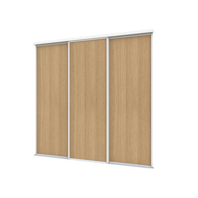 A-Class Sliding Doors Set Of 3 Mid Oak Sliding Wardrobe Door Kit In White Frame & Tracks, Opening Height (H) 225-226Cm & Width (W) 178-179Cm - image 1