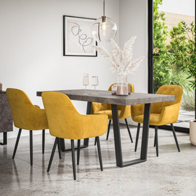 More4Homes Aria Dining Table And Chairs - Concrete Effect Table Top W Black Legs + Anika Velvet Dining Chair Set Of 4 (Mustard) - image 1