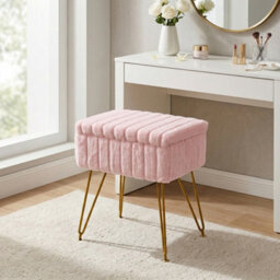 Living And Home Modern Faux Rabbit Fur Storage Ottoman With Hidden Storage, Pink
