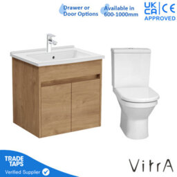 Vitra 600mm Wall Hung Bathroom Vanity Unit With 2 Doors Includes Basin, Chrome Tap And Close Coupled Toilet Set - Golden Oak