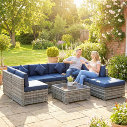 Outsunny 8 Pieces Patio Rattan Sofa Set, Garden Furniture Set Dark Blue - thumbnail 9