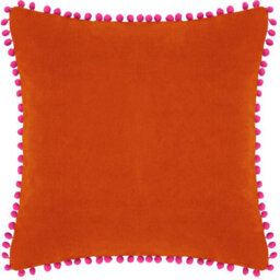 Paoletti Velvet Pom Pom Cotton Velvet Feather Filled Cushion - thumbnail 1
