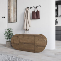 Decortie Modern Pozy Shoe Bench Storage Dark Oak Effect 110(W)Cm Oval Shape 3-Door Minimal Organiser For Office, Hallway