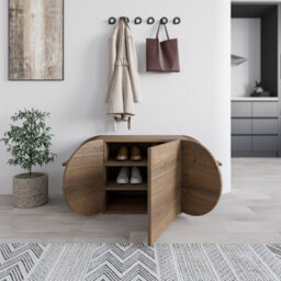 Decortie Modern Pozy Shoe Bench Storage Dark Oak Effect 110(W)Cm Oval Shape 3-Door Minimal Organiser For Office, Hallway - thumbnail 4