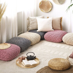 Beliani Grey Macramé Cotton Floor Cushion Pouffe 50 X 50 X 20 Cm - thumbnail 2