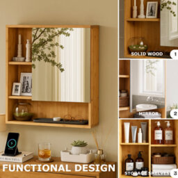 BMBO Wooden Bathroom Wall Storage Cabinet Organiser With Mirror Natural Brown - thumbnail 7