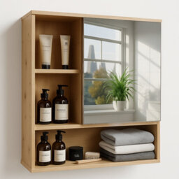 BMBO Wooden Bathroom Wall Storage Cabinet Organiser With Mirror Natural Brown - thumbnail 2