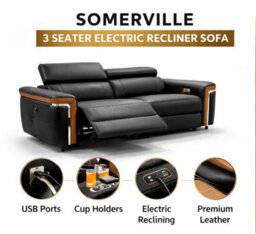 Stratus Interiors Somerville Electric Leather Recliner Sofa - Black  - Usb Charging & Cup Holders  - 1 Seater - thumbnail 4