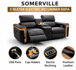 Stratus Interiors Somerville Electric Leather Recliner Sofa - Black  - Usb Charging & Cup Holders  - 1 Seater