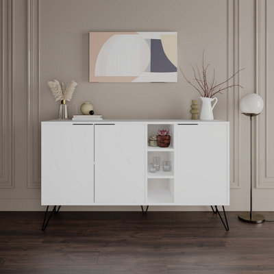 Decortie Clara Sideboard Cabinet Modern Storage Shelves Hairpin Legs White 142Cm - image 1