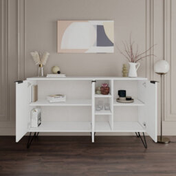 Decortie Clara Sideboard Cabinet Modern Storage Shelves Hairpin Legs White 142Cm - thumbnail 4
