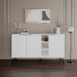 Decortie Clara Sideboard Cabinet Modern Storage Shelves Hairpin Legs White 142Cm - thumbnail 1