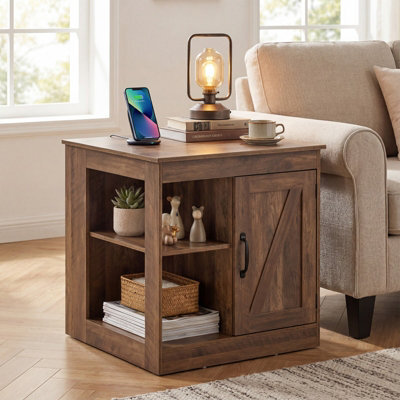 Costway Farmhouse End Side Table With Charging Station Bedside Table With Cabinet-Rustic Oak - image 1