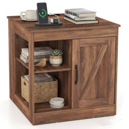 Costway Farmhouse End Side Table With Charging Station Bedside Table With Cabinet-Rustic Oak - thumbnail 9