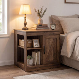 Costway Farmhouse End Side Table With Charging Station Bedside Table With Cabinet-Rustic Oak - thumbnail 4