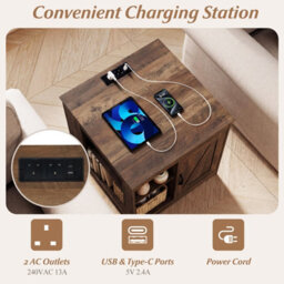 Costway Farmhouse End Side Table With Charging Station Bedside Table With Cabinet-Rustic Oak - thumbnail 5