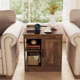 Costway Farmhouse End Side Table With Charging Station Bedside Table With Cabinet-Rustic Oak - thumbnail 3