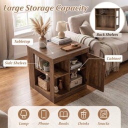 Costway Farmhouse End Side Table With Charging Station Bedside Table With Cabinet-Rustic Oak - thumbnail 6