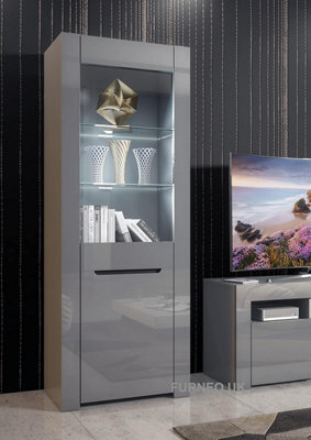 Furneo High Gloss & Matt Grey Display Cabinet Cupboard Milano 09G White Led Lights - image 1