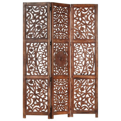 Berkfield Hand Carved 3-Panel Room Divider Brown 120X165 Cm Solid Mango Wood - image 1