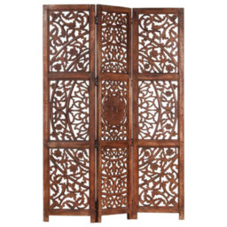 Berkfield Hand Carved 3-Panel Room Divider Brown 120X165 Cm Solid Mango Wood - thumbnail 9