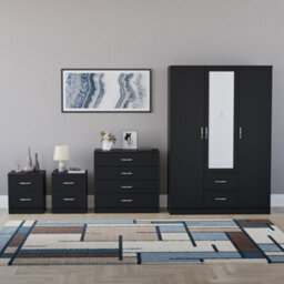 Lassic Vida Designs Riano 4 Piece Bedroom Set (2 Drawer Bedside Chest, 4 Drawer Chest, 3 Door 2 Drawer Mirrored Wardrobe), Black - thumbnail 7