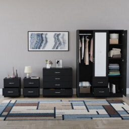 Lassic Vida Designs Riano 4 Piece Bedroom Set (2 Drawer Bedside Chest, 4 Drawer Chest, 3 Door 2 Drawer Mirrored Wardrobe), Black - thumbnail 2
