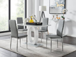 Furniturebox Giovani Rectangular 4 Seat White High Gloss Unique Halo Dining Table Grey Glass Top 4 Grey Faux Leather Silver Leg Milan Chairs