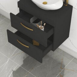 Royal Bathrooms Turin 800mm Wall Mounted Bathroom Vanity Unit With Sink 2 Drawer Matt Black & Art Countertop Basin - thumbnail 4