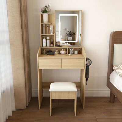 Matteo Natural Walnut Makeup Vanity Desk Set With Adjustable Led Lighting - image 1