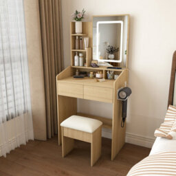 Matteo Natural Walnut Makeup Vanity Desk Set With Adjustable Led Lighting - thumbnail 2