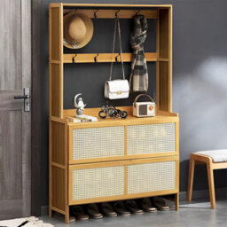 Darphe Natural Wood Entryway Shoe Cabinet With Rattan Doors Hooks Hats Bags Scarves Storage - thumbnail 3