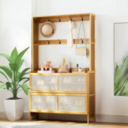 Darphe Natural Wood Entryway Shoe Cabinet With Rattan Doors Hooks Hats Bags Scarves Storage - thumbnail 2